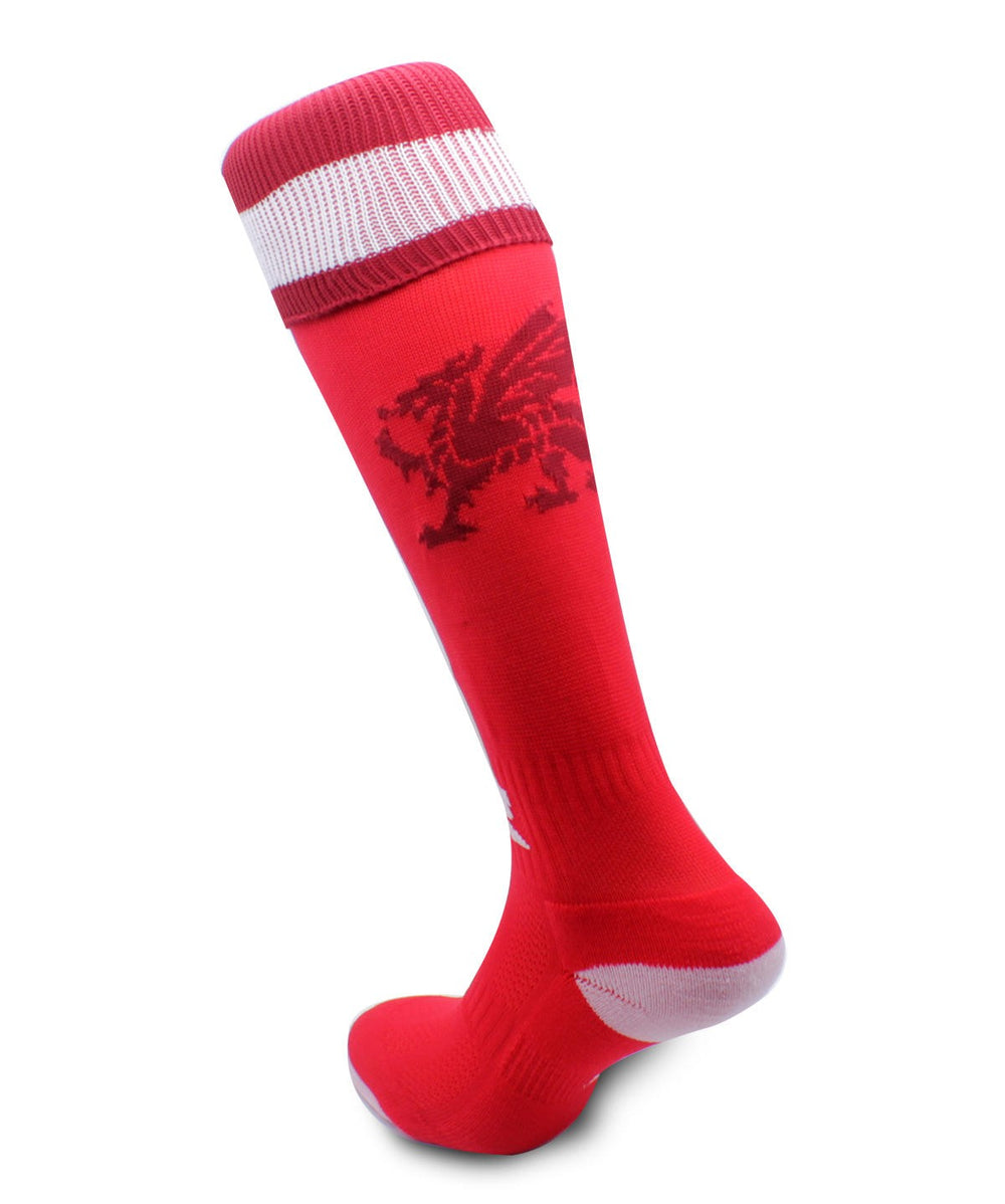 Calze da rugby RGR, rosse con drago gallese e banda bianca sul polsino.