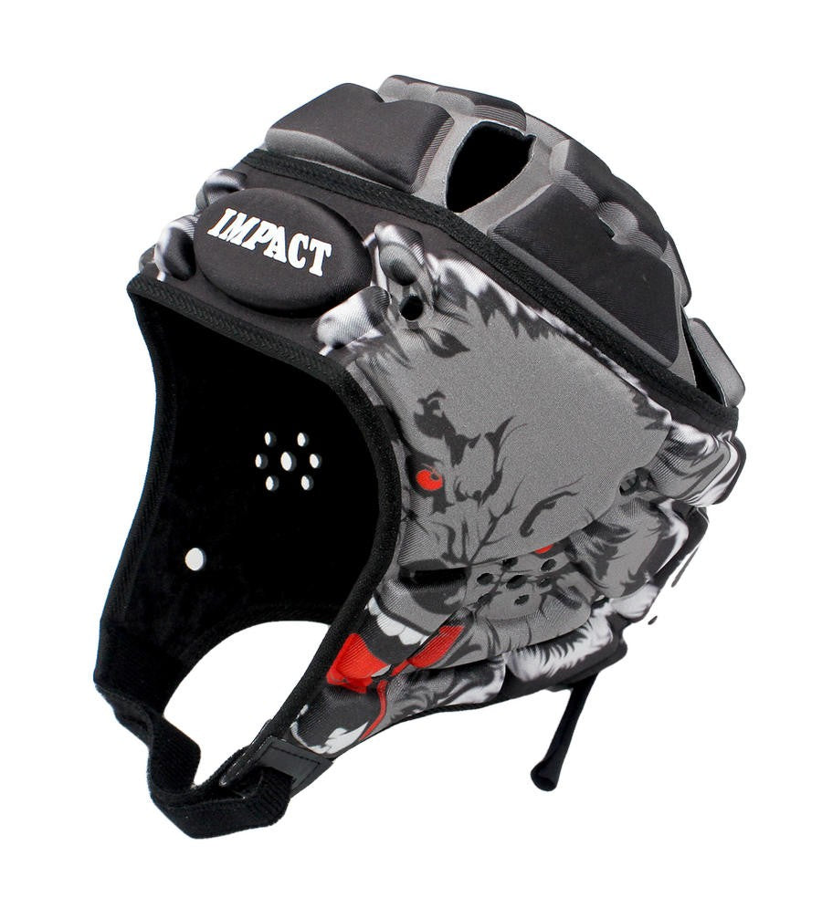 Caschetto da rugby Impact con design a lupo grigio e nero, protezione per la testa.