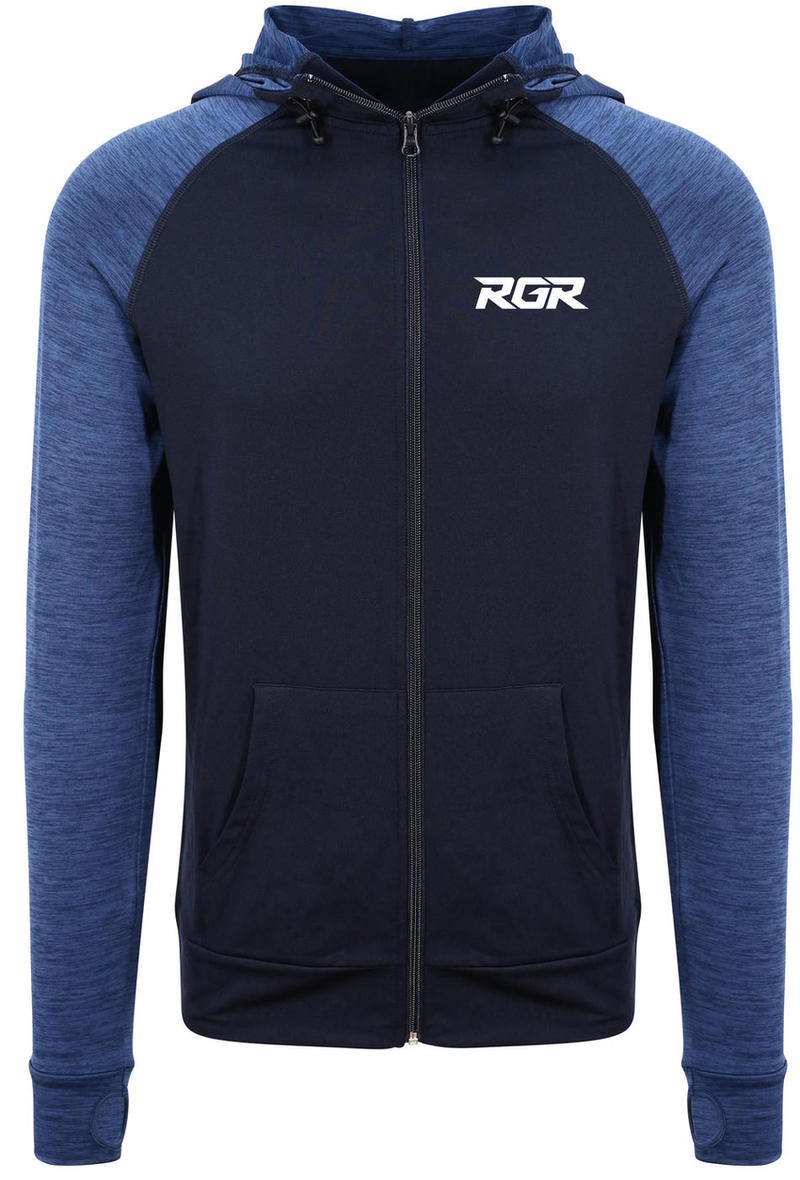 Felpa tecnica ArmourSkin RGR blu con zip lunga e cappuccio.