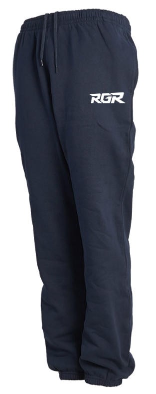 Pantalone felpato RGR Elite da adulto, blu navy, con logo bianco.