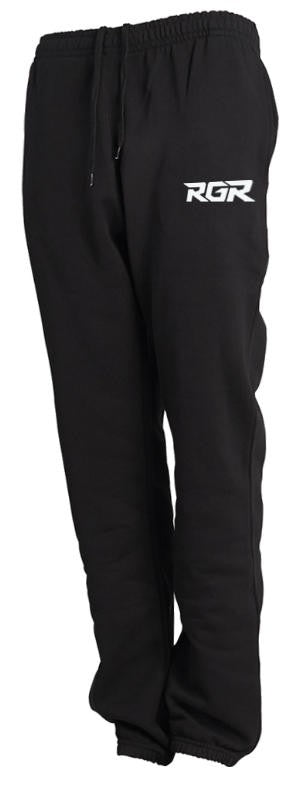 Pantalone felpato nero adulto RGR Elite con logo bianco sul fianco.