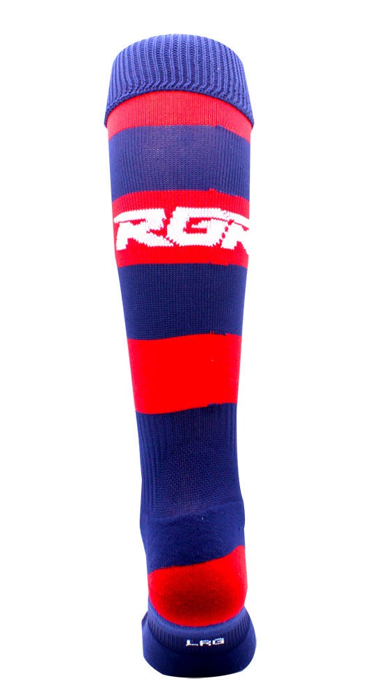 Calze da rugby RGR blu e rosse a righe, con logo RGR visibile.