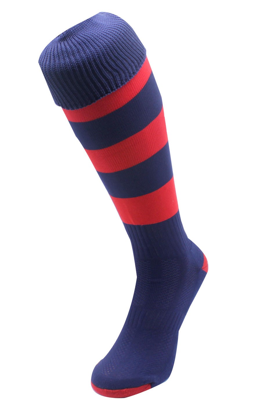 Calze da rugby RGR a righe blu e rosse, altezza al ginocchio.