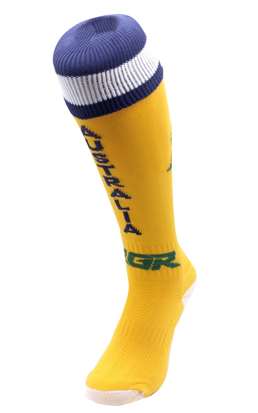 Calze da rugby RGR Australia gialle con banda blu e bianca, logo GR.