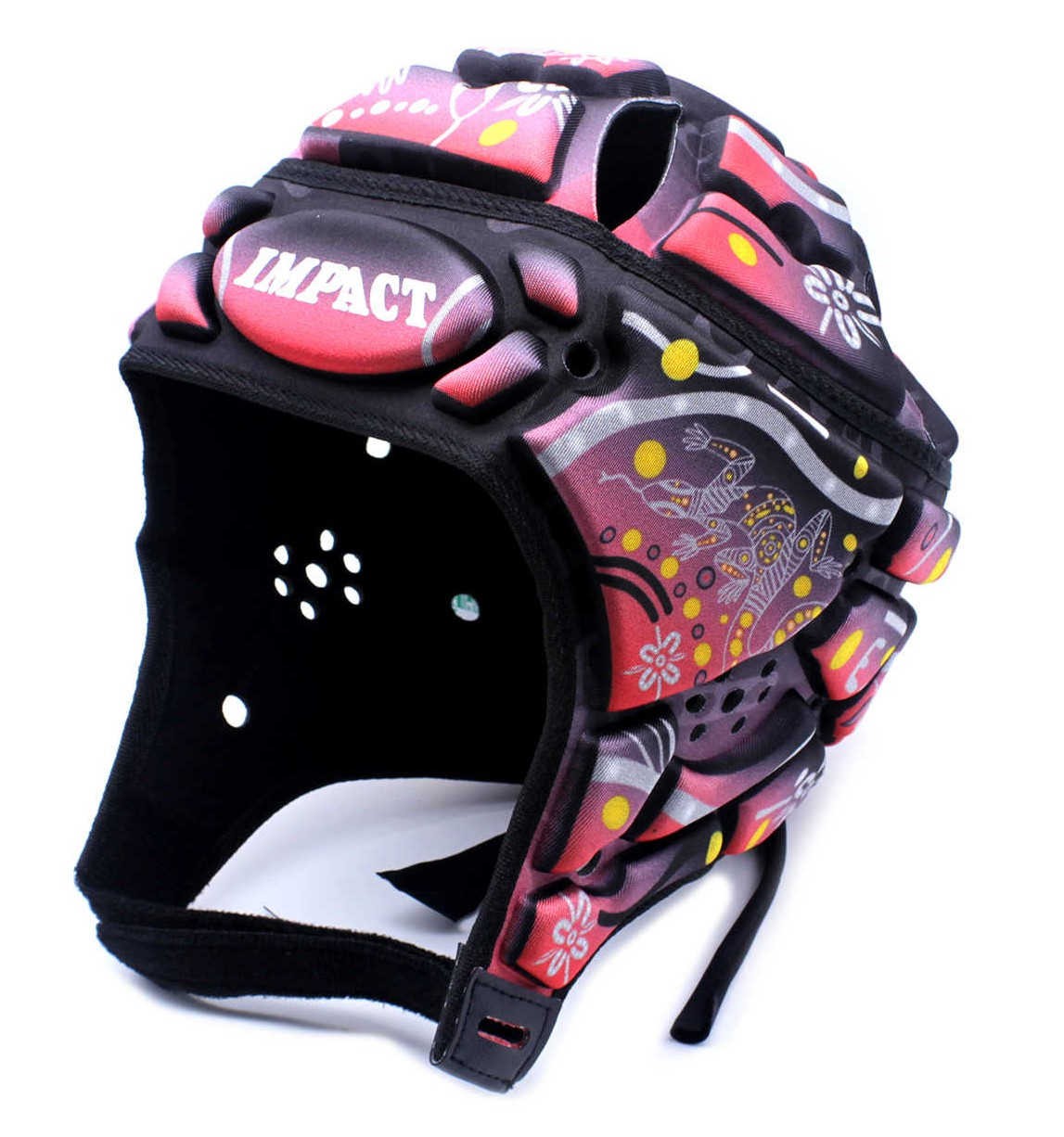 Caschetto da rugby Impact con design roccioso indigeno, rosso e nero.