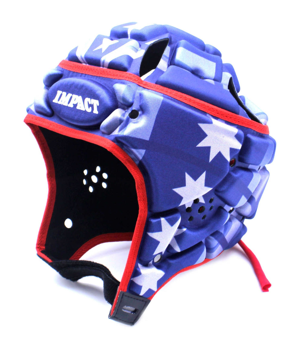 Caschetto da rugby Impact Rebels con design bandiera australiana, rosso e blu.