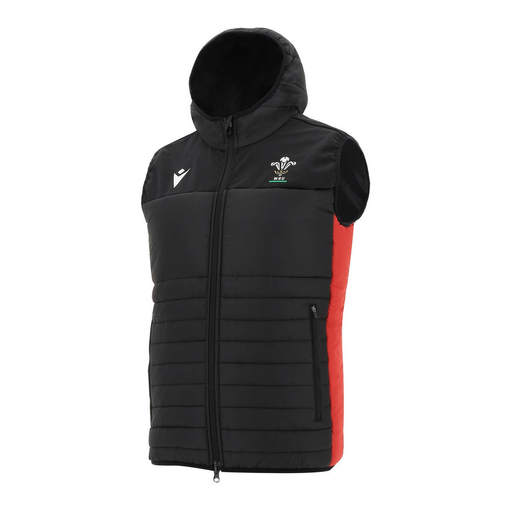 Gilet smanicato Macron da uomo Macron Rugby Galles nero e rosso con logo WRU.