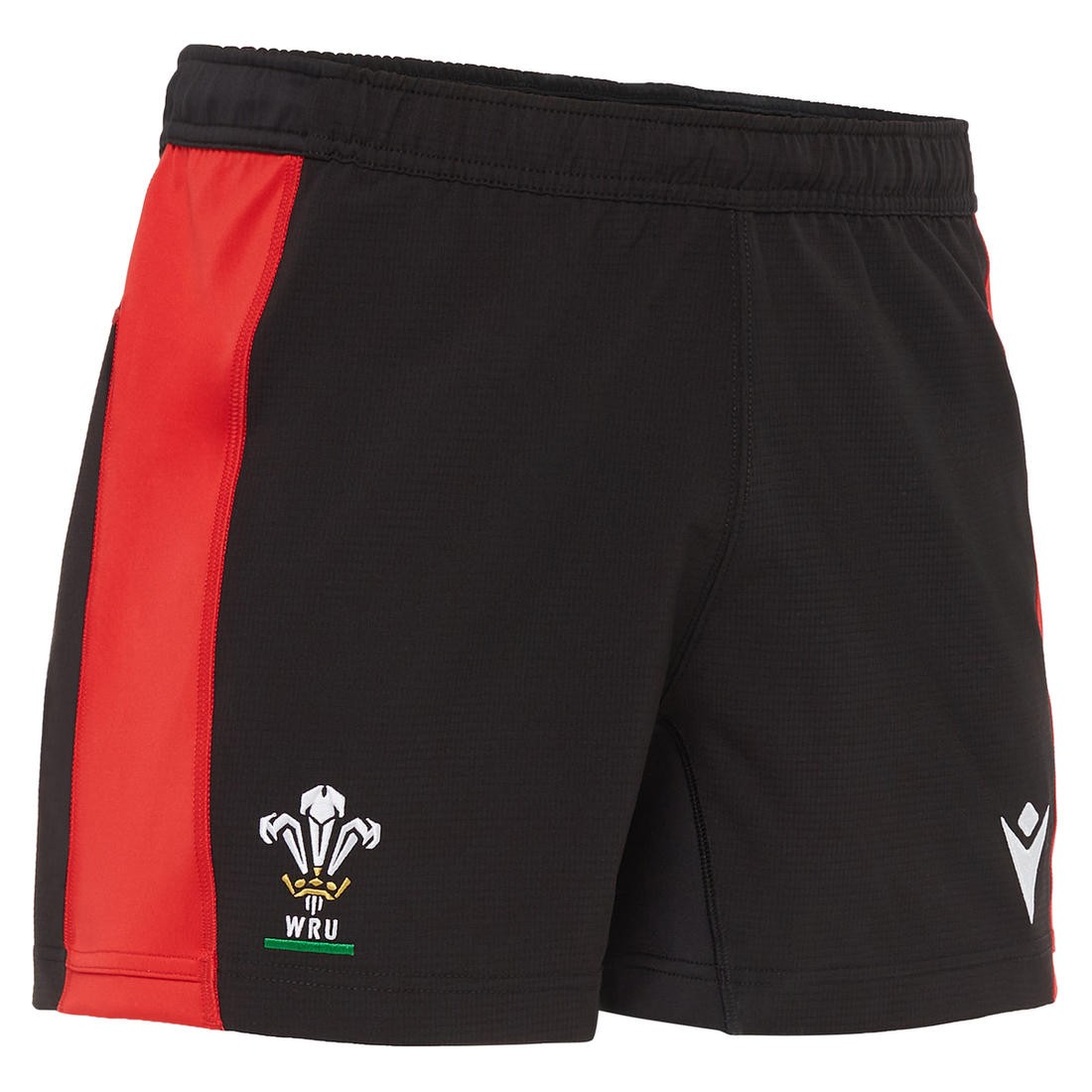 Pantaloncini da allenamento da rugby del Galles Macron 2021 neri con dettagli rossi.