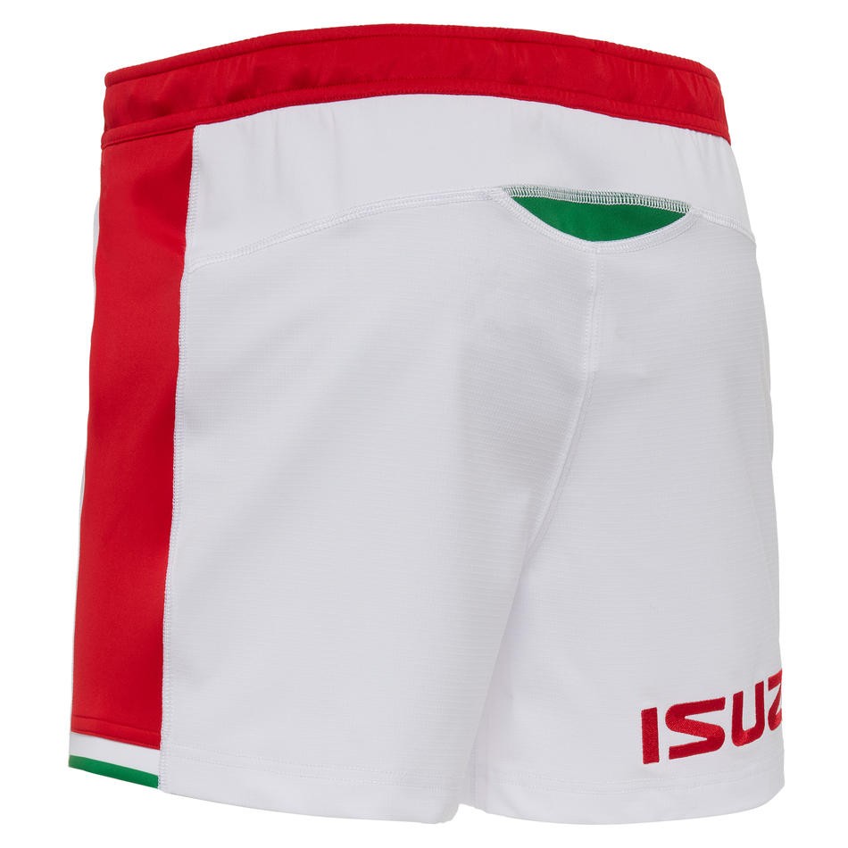 Pantaloncini da rugby Galles Home 2021 bianchi con dettagli rossi e verdi.