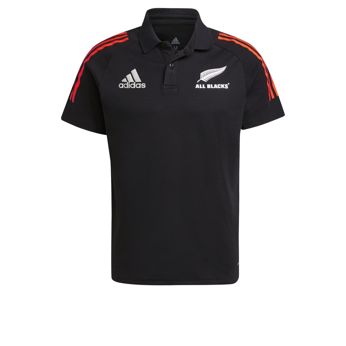 Polo All Blacks Rugby 2021/22 nera con strisce rosse Adidas sulle spalle.