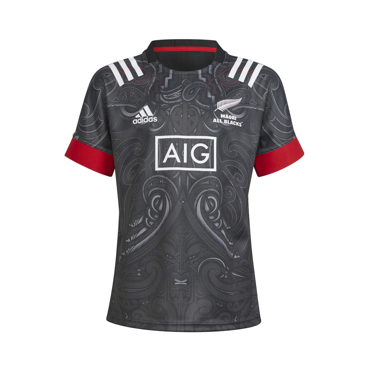 Maglia rugby All Blacks Maori 2022 Adidas, grigio antracite con dettagli rossi.