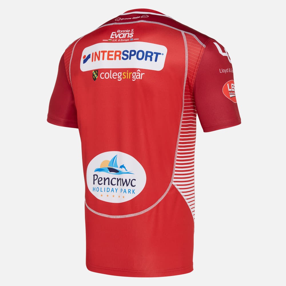 Maglia rugby Scarlets home pro 2023/24, rossa con sponsor.
