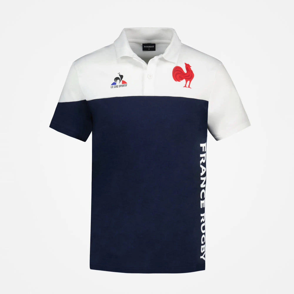 Polo ufficiale della Francia Rugby: polo bicolore bianca e blu navy con l'emblema del gallo francese e la scritta "France Rugby".