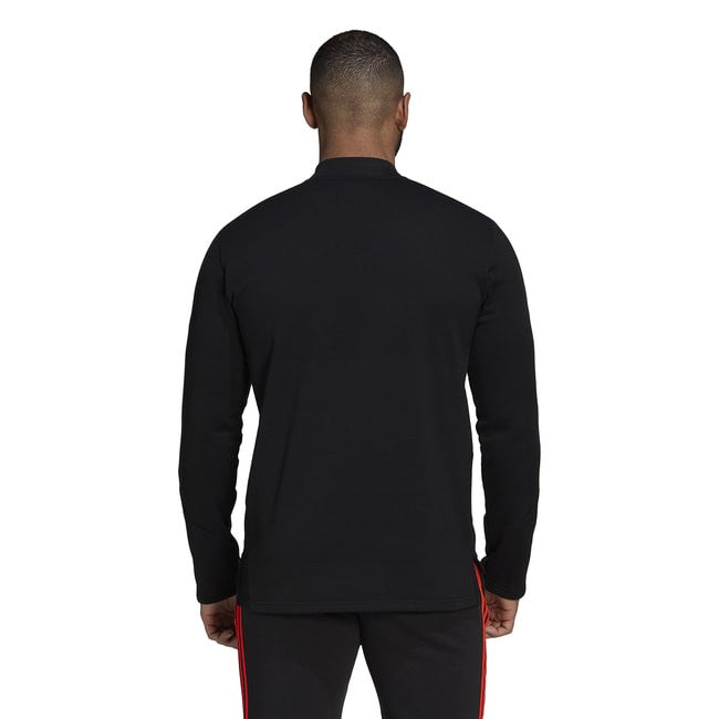 Felpa All Blacks in pile nero, retro, con dettagli rossi sulle spalle.