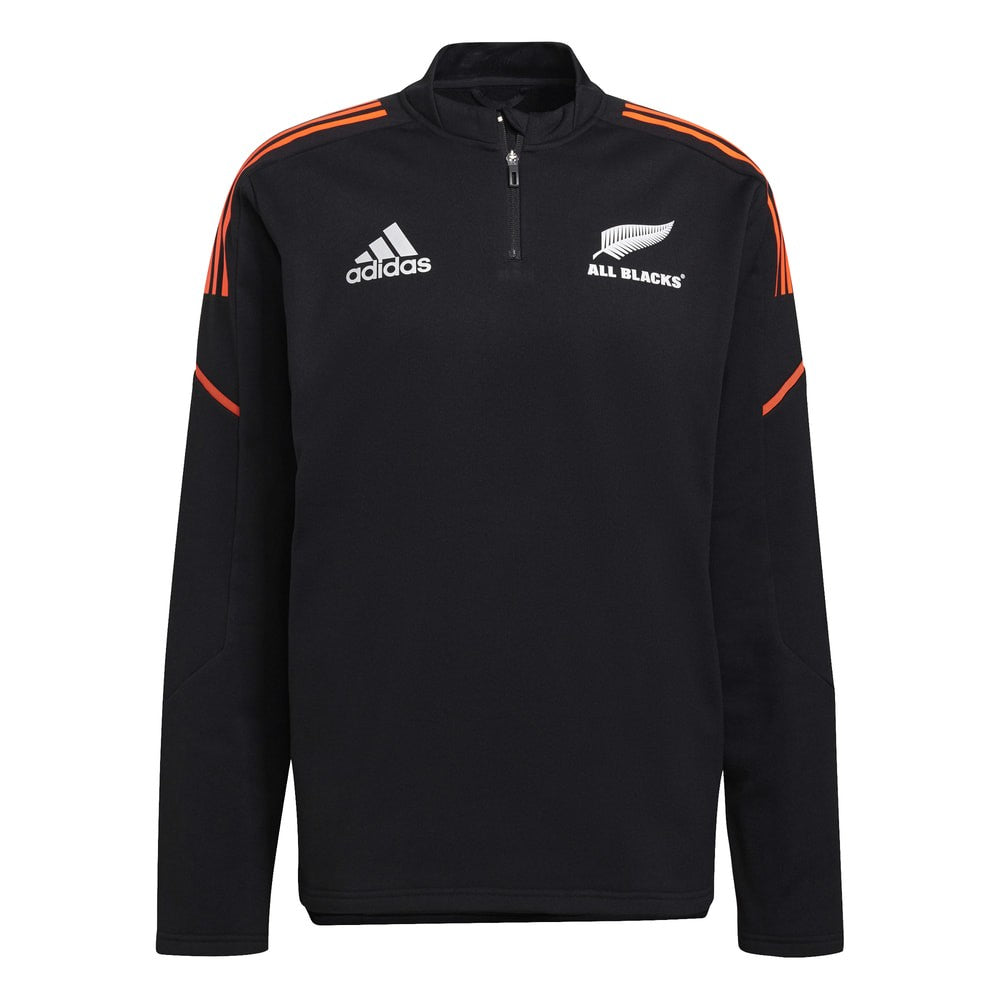 Felpa da rugby nera Adidas All Blacks 2022 con zip corta e dettagli arancioni.