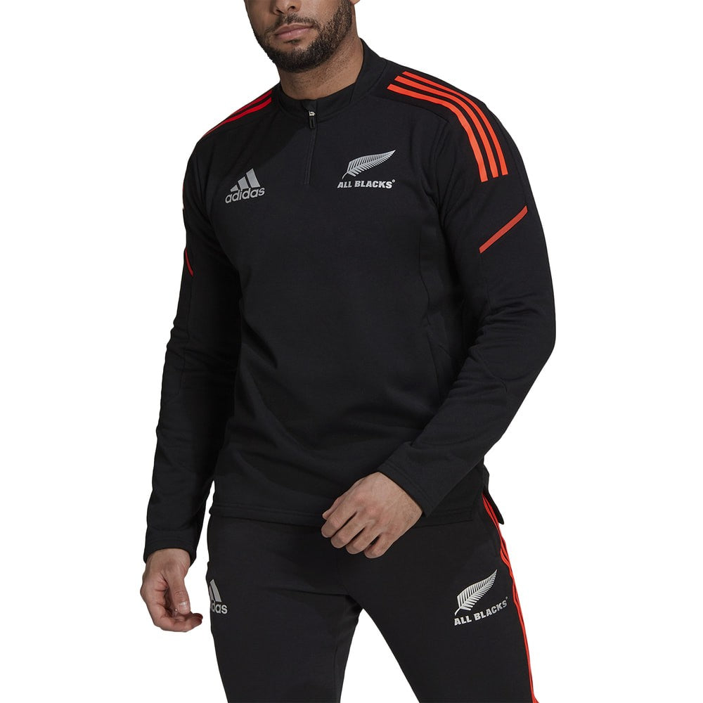 Felpa All Blacks Adidas nera con dettagli rossi, modello rugby 2022.