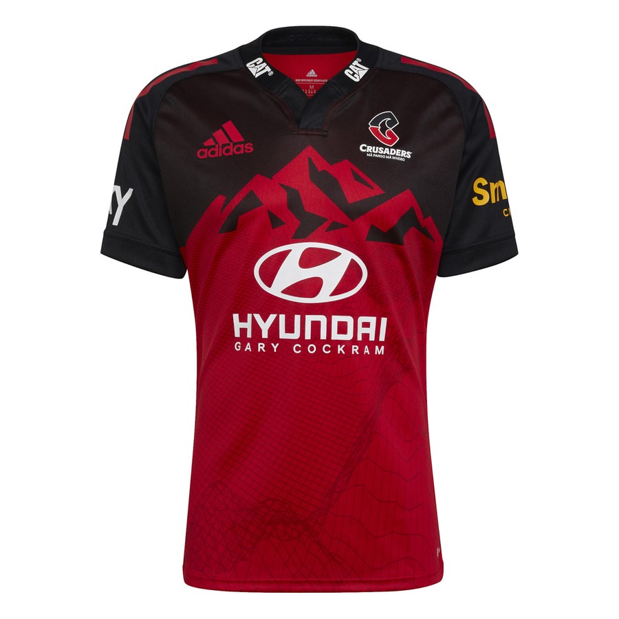 Maglia rugby Crusaders Home 2022 Adidas nera e rossa con logo Hyundai