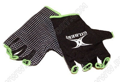 Guantini da rugby Gilbert Xact neri con puntini bianchi e bordi verdi.