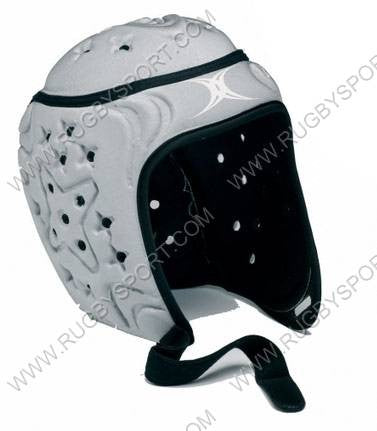 Caschetto da rugby Gilbert VX-5 argento con protezioni laterali e chiusura a velcro.