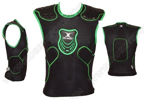 Protezione corpo rugby Gilbert Trilite Xtra XP nero con inserti verdi.