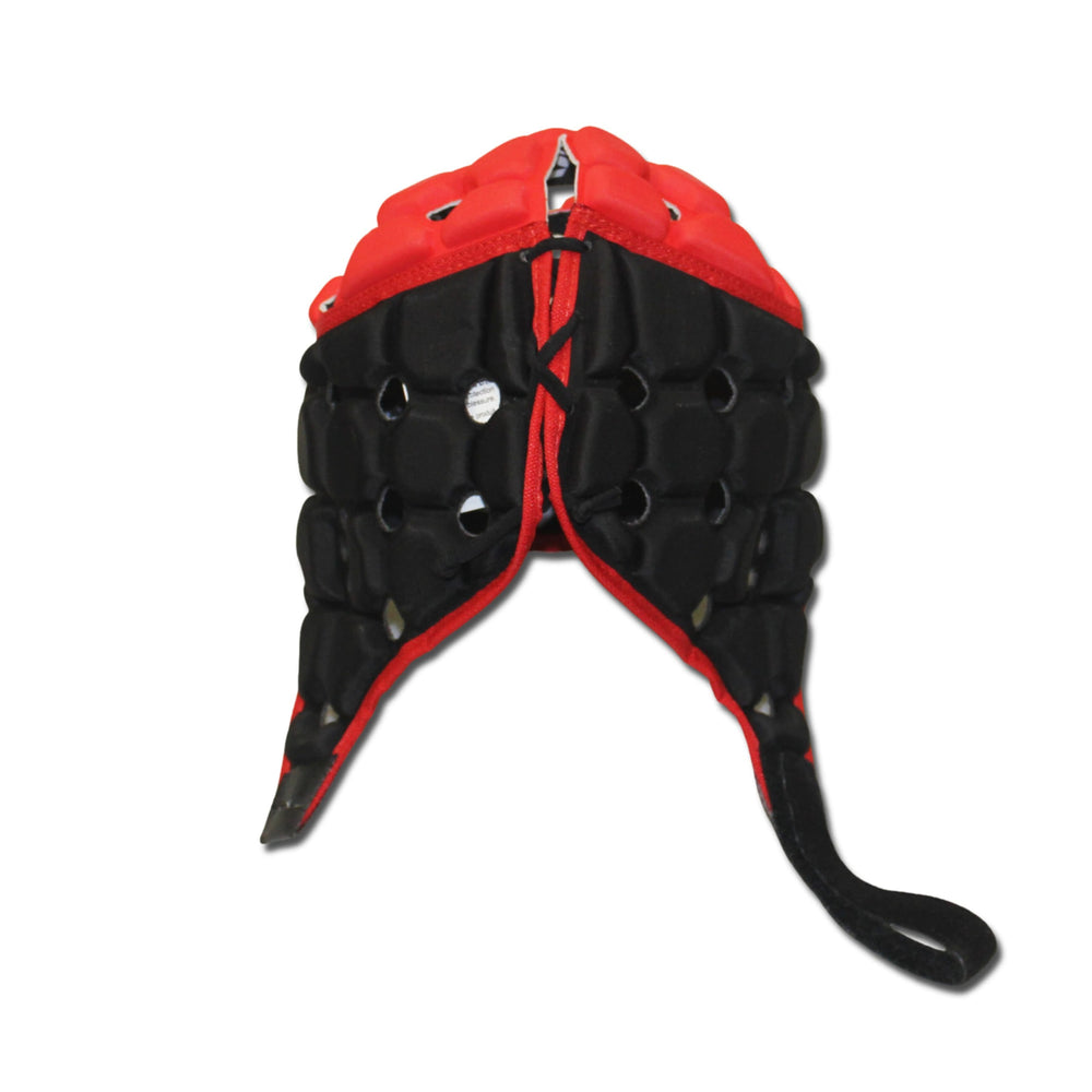 Caschetto da rugby Body Armour nero e rosso, con ventilazione.