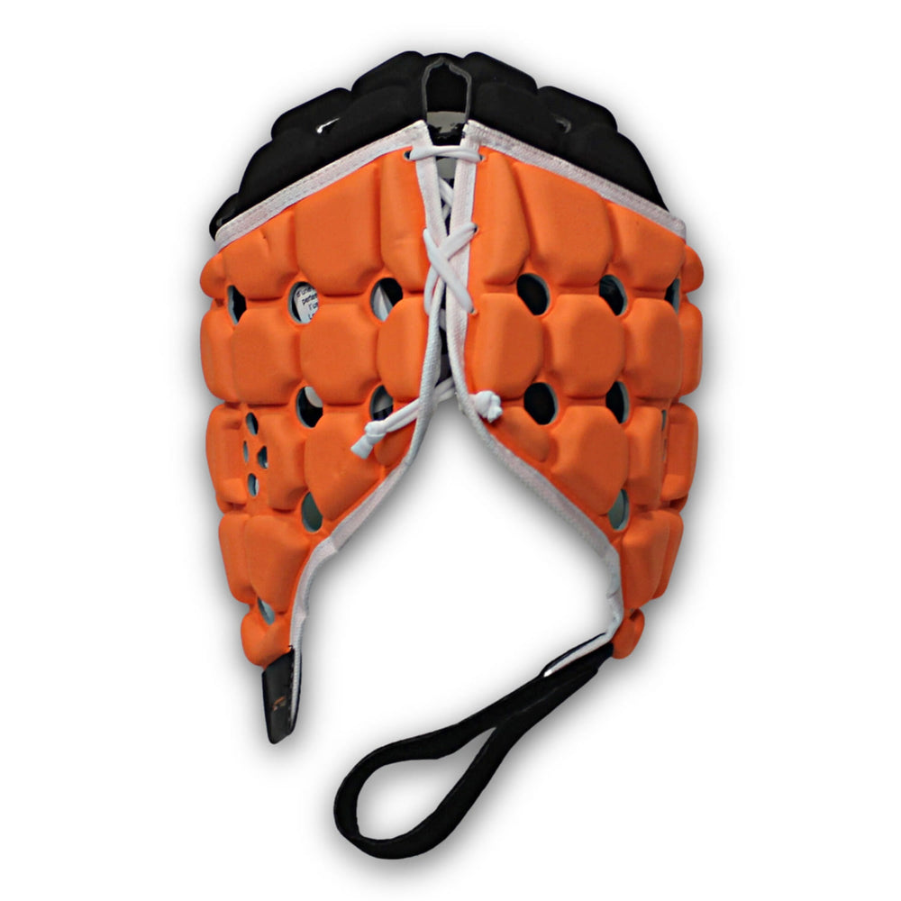 Caschetto Rugby Ventilator Body Armour Arancio-Nero: casco protettivo da rugby arancione e nero con design antiurto.