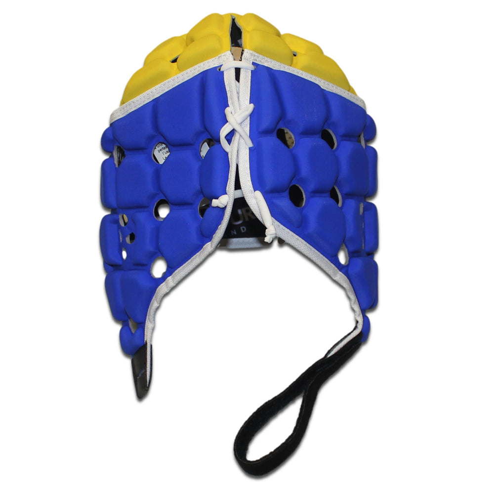 Caschetto da rugby Ventilator Body Armour azzurro e giallo con lacci bianchi.