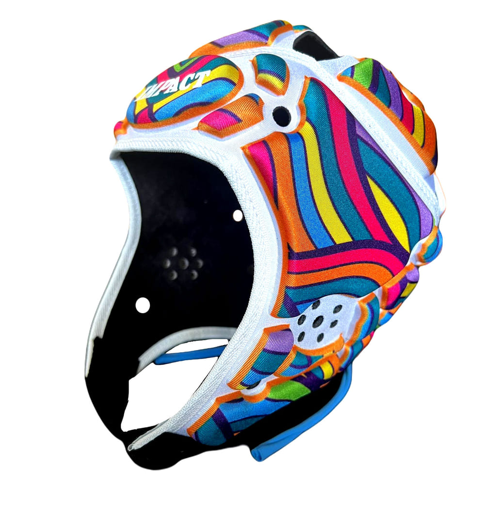 Caschetto Rugby Impact Psycho: cappellino protettivo da mischia da rugby con vivace design psichedelico. Protezione dagli urti e ventilazione.