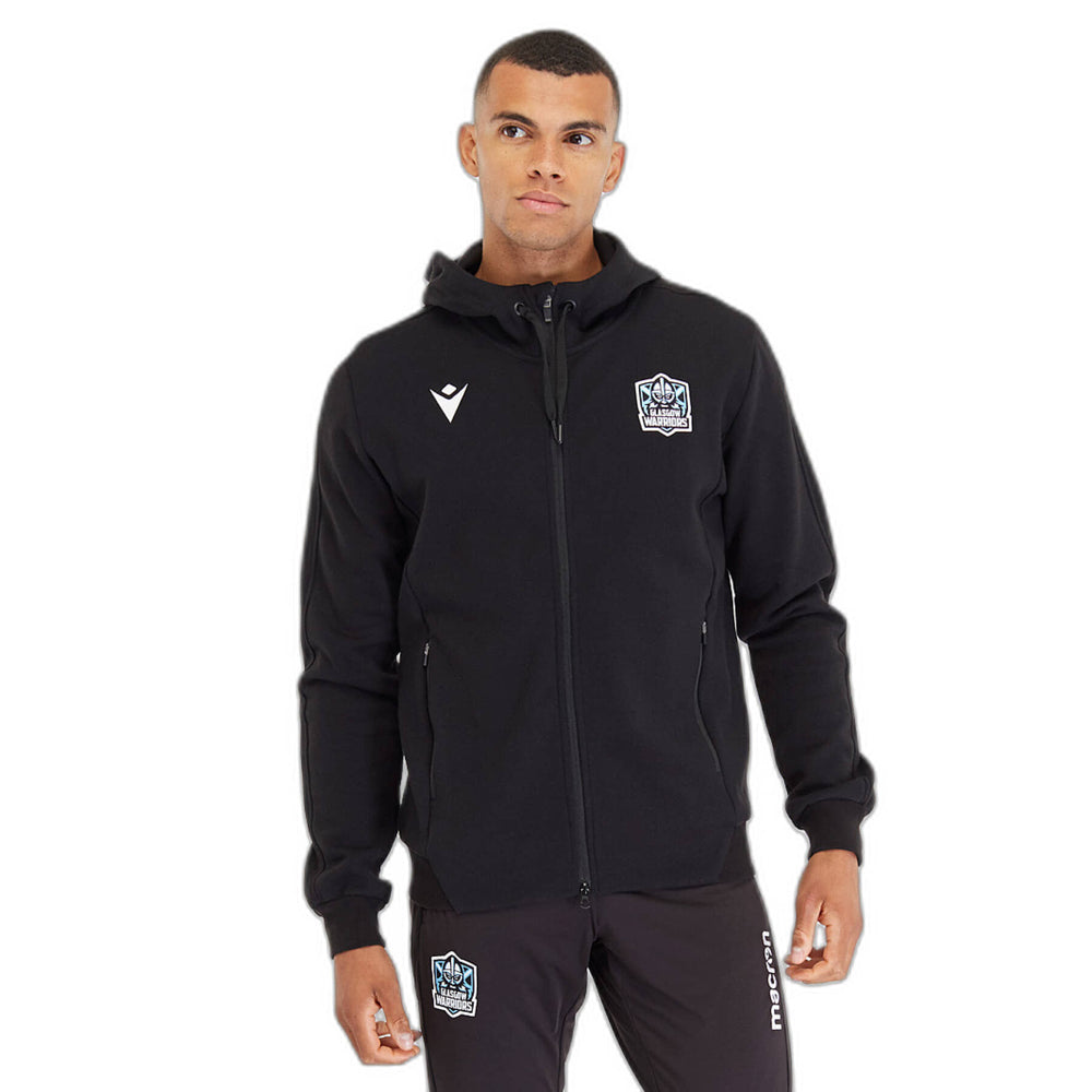 Felpa da uomo Macron nera con zip lunga, logo Glasgow Warriors e dettagli bianchi.