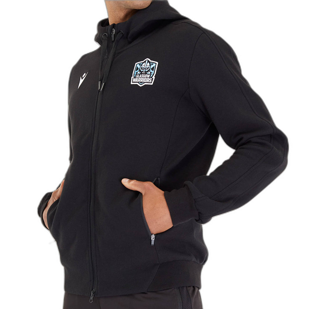 Felpa nera con zip lunga da uomo Glasgow Warriors, logo in evidenza.