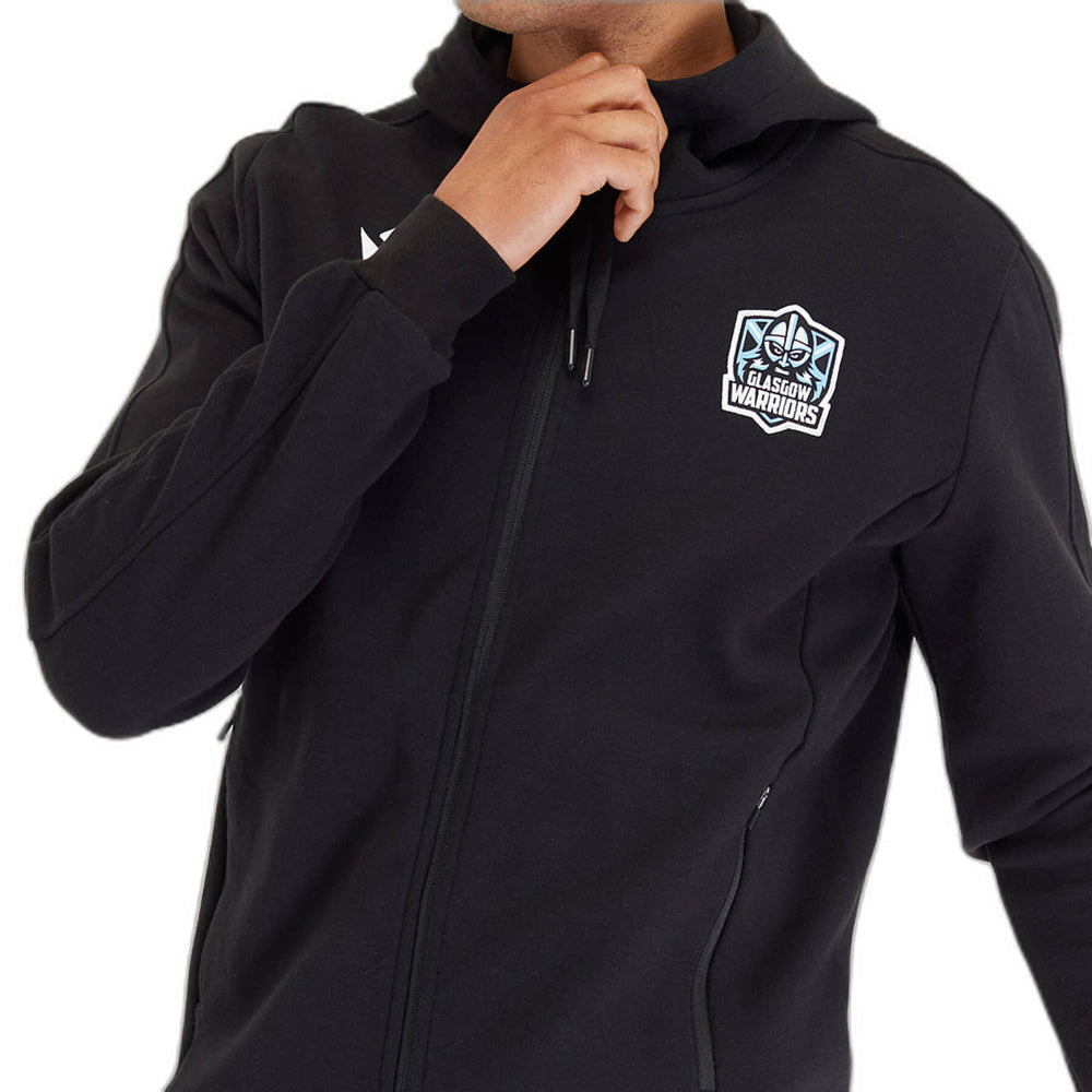 Felpa nera con zip lunga e logo Glasgow Warriors, in cotone, perfetta per i tifosi.
