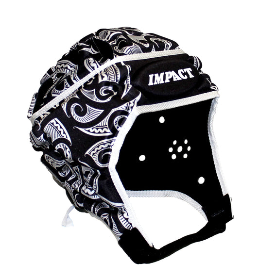 Caschetto Rugby Impact Kiwi Maori Nero: casco protettivo da rugby con design ispirato ai Maori, bianco e nero.