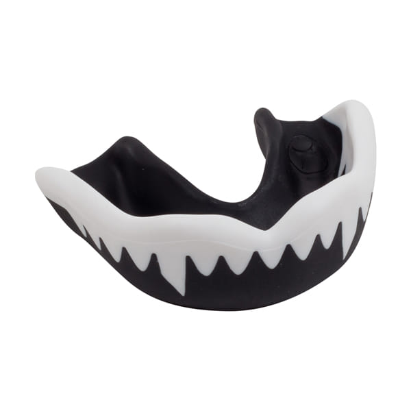 Paradenti "Viper" di Gilbert Paradenti: Paradenti bianco e nero con un design aggressivo e denti da vipera