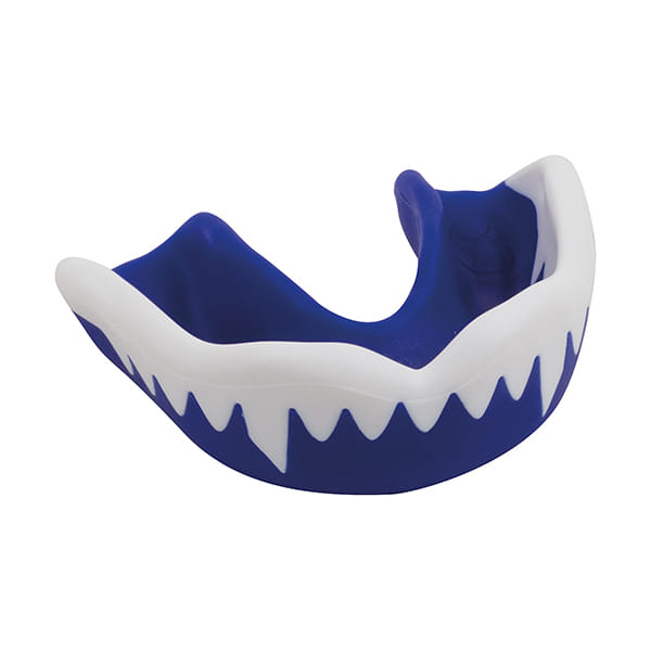 Paradenti "Viper" di Gilbert Paradenti: Paradenti blu e bianco con un esclusivo design frastagliato, ideale per la protezione sportiva.